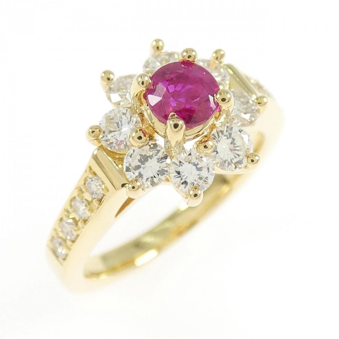 K18YG FLOWER RUBY RING: K18YG Flower Ruby Ring Brand: Unbranded Type/Style: Ruby Ring Material: 18K Yellow Gold, Main Stone/Creation RubySecondary Stone Diamond Color: Yellow Gold Size: US 4 Accessories: None Acc