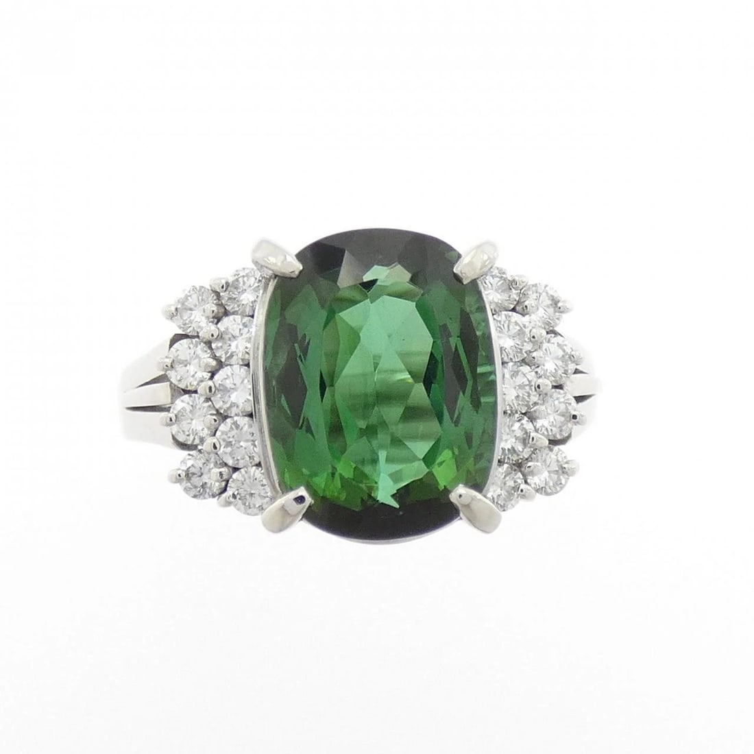 PT900 TOURMALINE RING: PT900 Tourmaline Ring Brand: Unbranded Type/Style: Tourmaline Ring Material: Platinum900, Main Stone/Creation TourmalineSecondary Stone Diamond Color: Platinum Size: US 7 1/4 Accessories: None