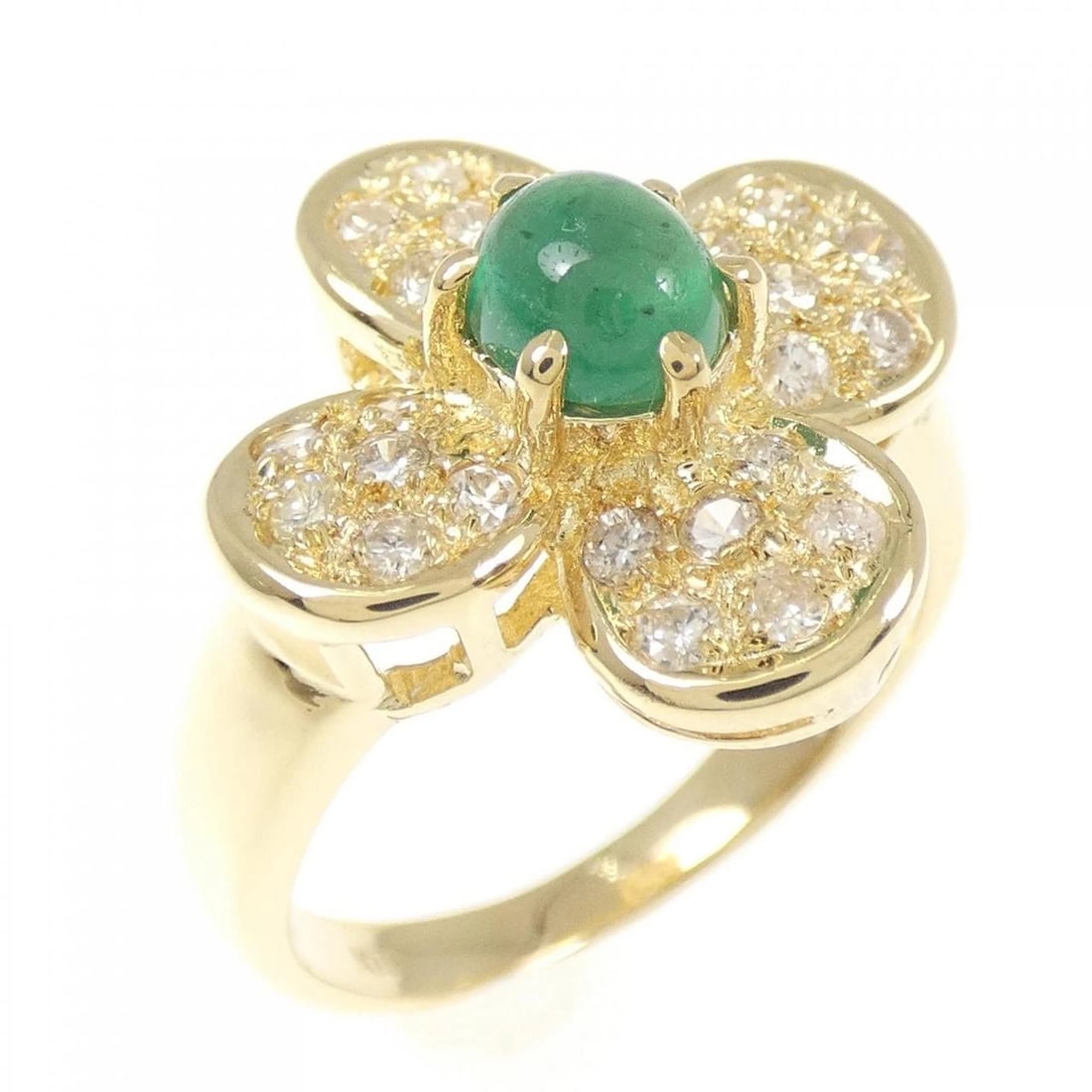 K18YG FLOWER EMERALD RING: K18YG Flower Emerald Ring Brand: Unbranded Type/Style: Emerald Ring Material: 18K Yellow Gold, Main Stone/Creation Emerald Secondary Stone Diamond Color: Yellow Gold Size: US 6 1/4 Accessories: None