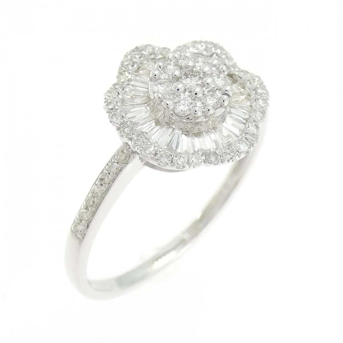 K18WG FLOWER DIAMOND RING: K18WG Flower Diamond Ring Brand: Unbranded Type/Style: Diamond Ring Material: 18k White Gold, Main Stone/Creation Natural Color: White Gold Size: US 9 3/4 Accessories: None Accessories Notice: When