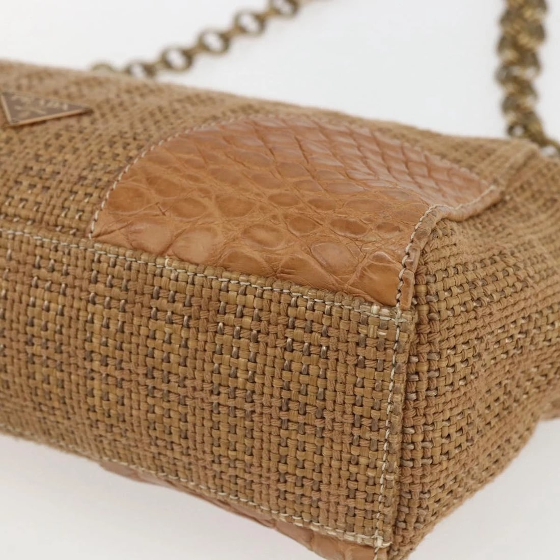 PRADA CHAIN SHOULDER BAG RAFFIA BEIGE - 8