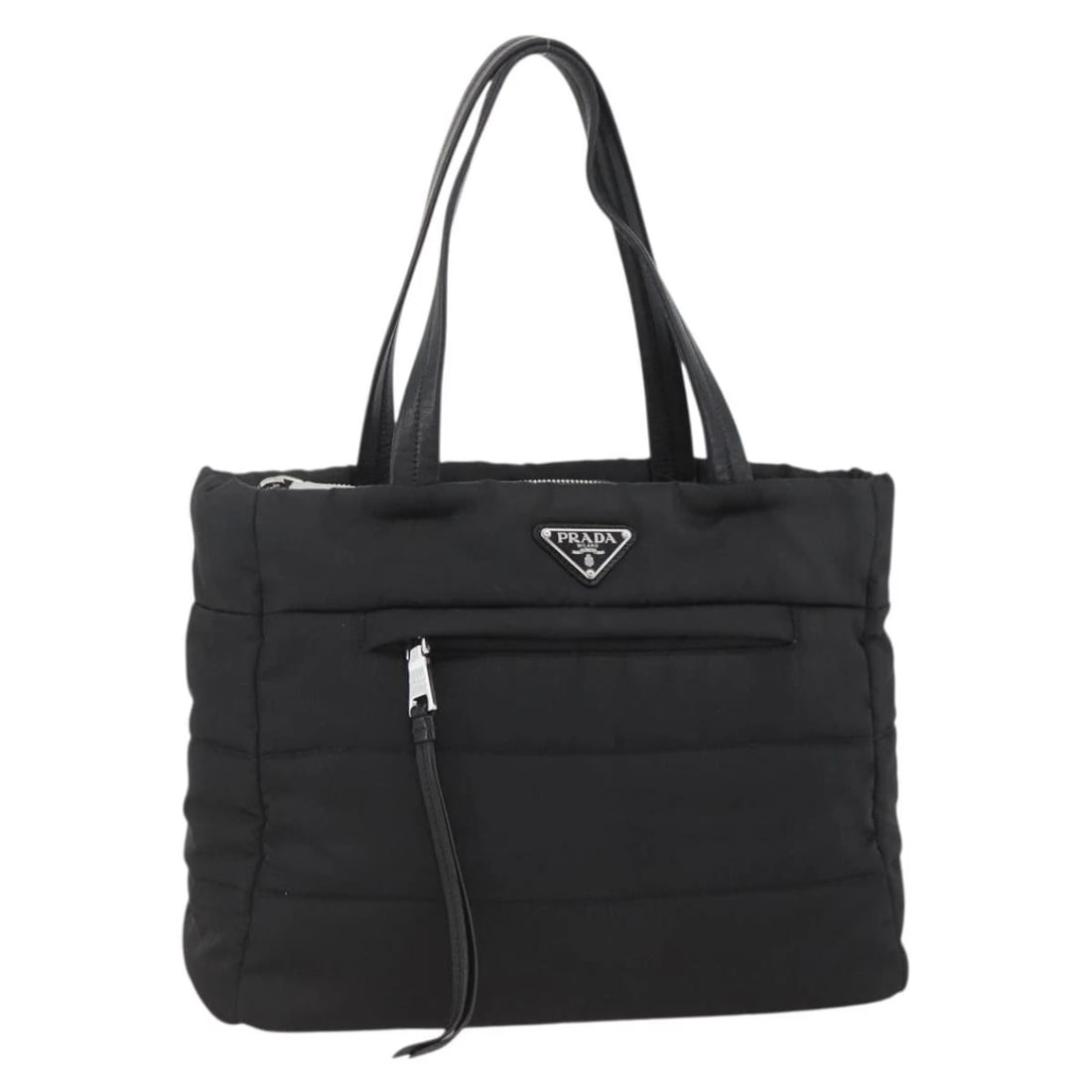 PRADA TOTE BAG NYLON BLACK SILVER: PRADA Tote Bag Nylon Black Silver Brand: PRADA Type/Style: Tote Bag Material: Nylon Color: Black/Silver Size: Size(Inch) W12.2 x H9.4 x D5.9inch(Approx) Accessories: None Accessories Notic