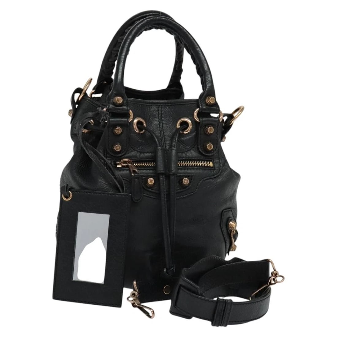 BALENCIAGA GIANT MINI POM POM HAND BAG LEATHER: BALENCIAGA Giant Mini Pom Pom Hand Bag Leather Brand: BALENCIAGA Type/Style: Hand Bag Material: Leather Color: Black Size: Size(Inch) W6.3 x H8.7 x D6.3inch(Approx) Accessories: None Accessories