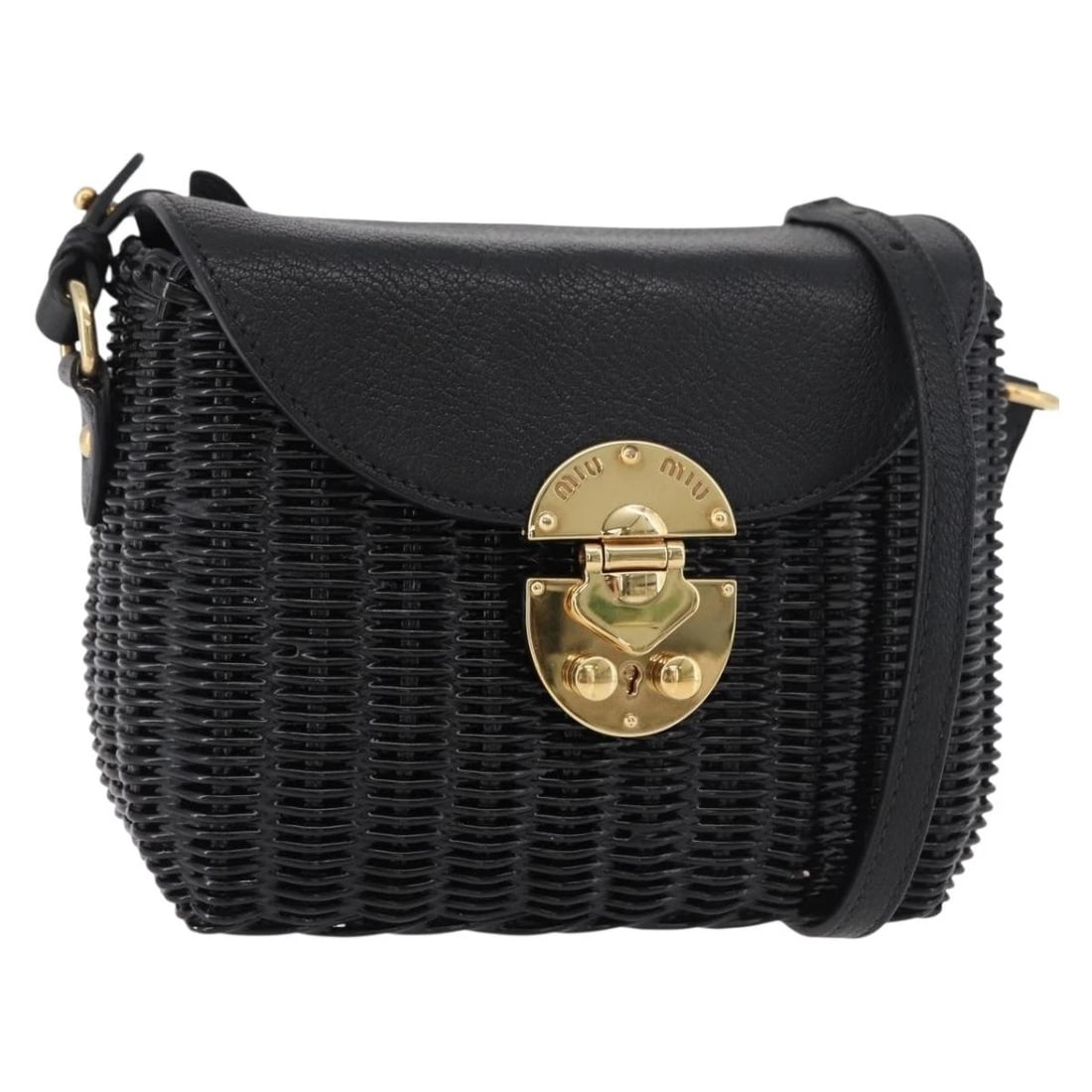 MIU MIU SHOULDER BAG STRAW BLACK GOLD: Miu Miu Shoulder Bag Straw Black Gold Brand: Miu Miu Type/Style: Shoulder Bag Material: Wood Color: Black/Gold Size: W6.7 x H6.3 x D3.5inch(Approx) Accessories: None Accessories Notice: Wh