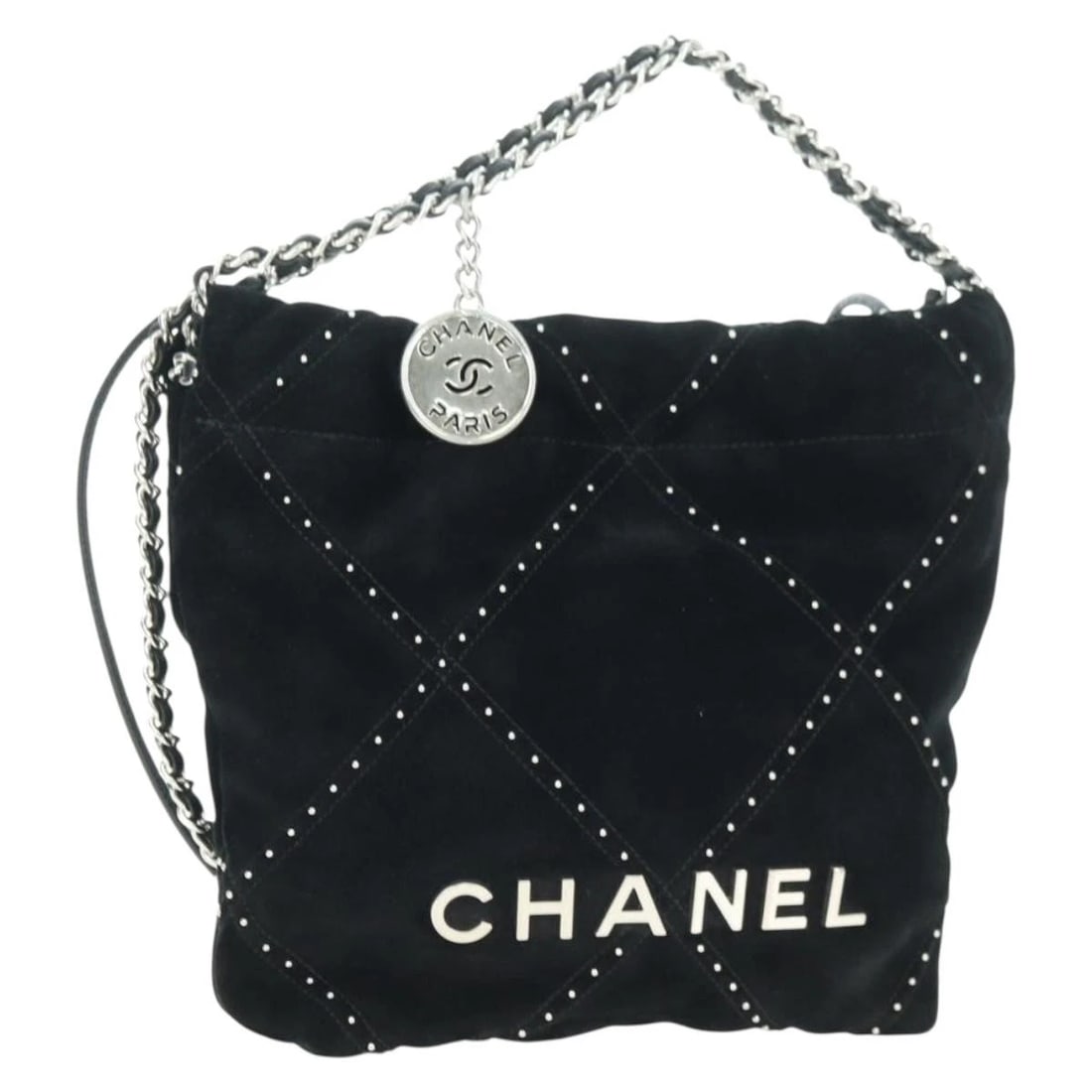 CHANEL 22 DRAWSTRING CHAIN SHOULDER BAG SUEDE: CHANEL 22 Drawstring Chain Shoulder Bag Suede Brand: CHANEL Type/Style: Shoulder Bag Material: Suede Color: Black/Silver Size: W7.1 x H7.9 x D2.4inch(Approx) Accessories: None Accessories