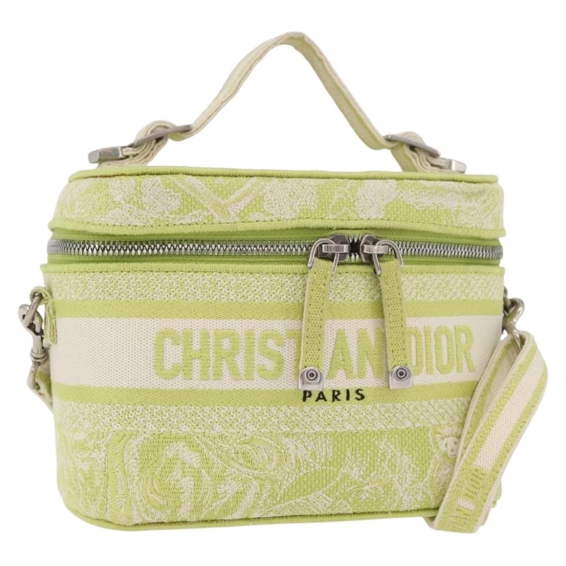 CHRISTIAN DIOR TOILE D'EAU VANITY BAG JACQUARD 2WAY: Christian Dior Toile d'Eau Vanity Bag Jacquard 2way Brand: Christian Dior Type/Style: Hand Bag Material: Canvas Color: Green/Silver Size: W7.1 x H5.5 x D3.9inch(Approx) Accessories: None A