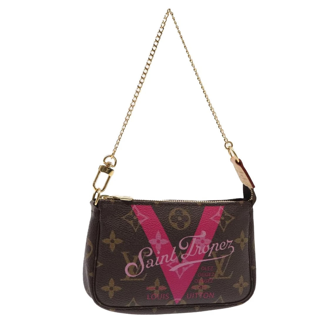 LOUIS VUITTON V LINE MINI POCHETTE ACCESSOIRES POUCH: LOUIS VUITTON V line Mini Pochette Accessoires Pouch Brand: LOUIS VUITTON Type/Style: Pouch Material: Monogram Canvas Color: Monogram/Pink Size: W5.9 x H3.7 x D1.0inch(Approx) Accessories: None