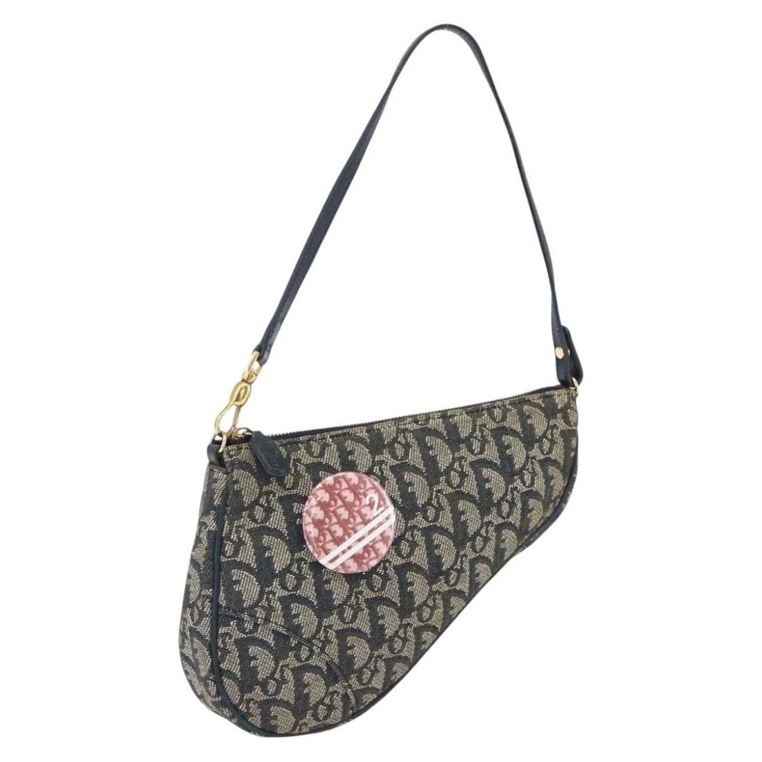 CHRISTIAN DIOR TROTTER CANVAS SADDLE POUCH: Christian Dior Trotter Canvas Saddle Pouch Brand: Christian Dior Type/Style: Pouch Material: Trotter Canvas Color: Navy/Gold Size: W8.3 x H5.9 x D1.2inch(Approx) Accessories: None Accessories Notice: