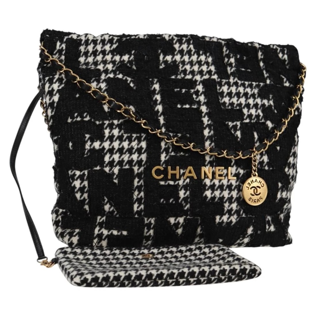 CHANEL CHAIN SHOULDER BAG TWEED BLACK GOLD: CHANEL Chain Shoulder Bag Tweed Black Gold Brand: CHANEL Type/Style: Shoulder Bag Material: Leather Color: Black/Gold Size: W11.4 x H11.8 x D2.8inch(Approx) Accessories: None Accessories N