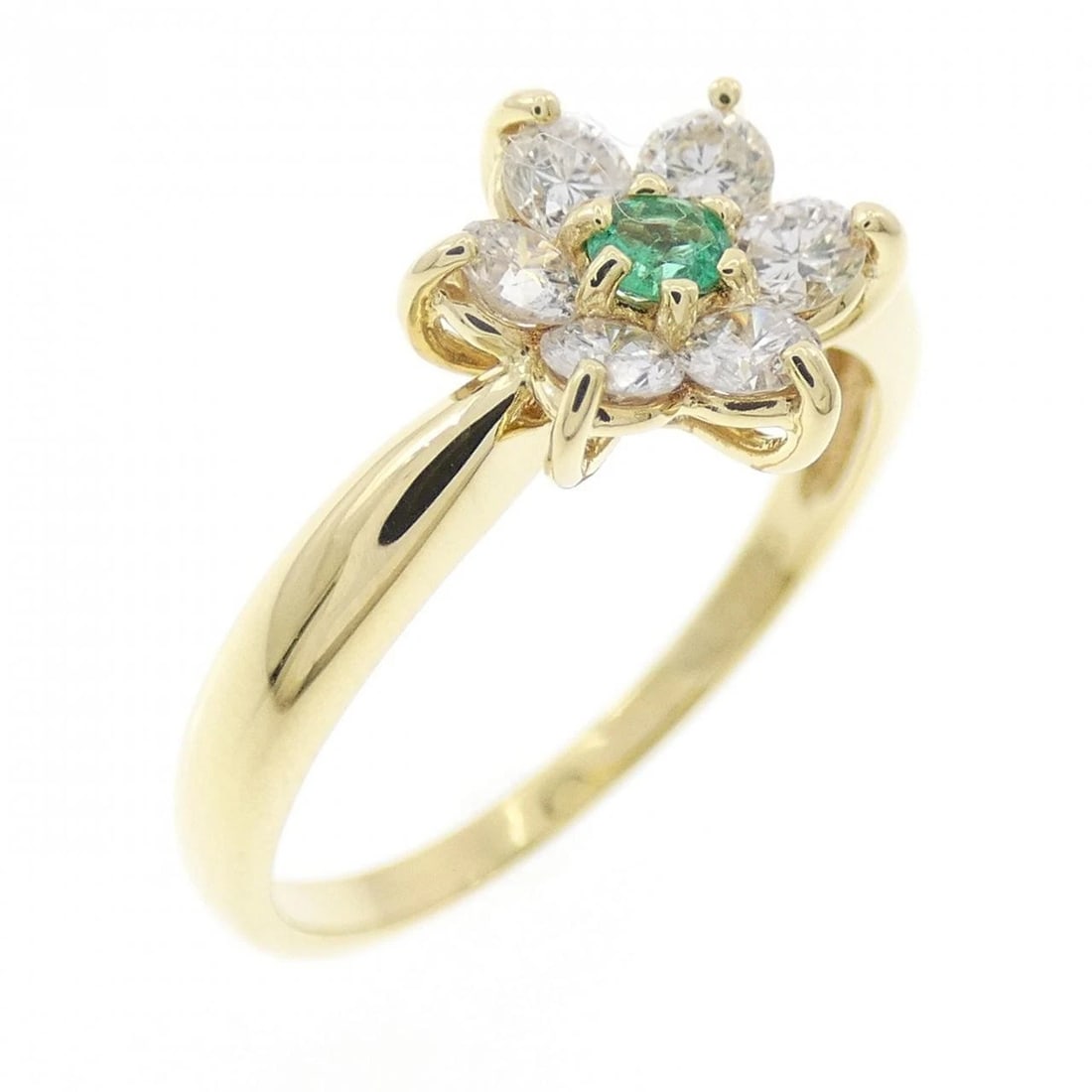 K18YG FLOWER EMERALD RING: K18YG Flower Emerald Ring Brand: Unbranded Type/Style: Emerald Ring Material: 18K Yellow Gold, Main Stone/Creation Emerald Secondary Stone Diamond Color: Yellow Gold Size: US 6 Accessories: None