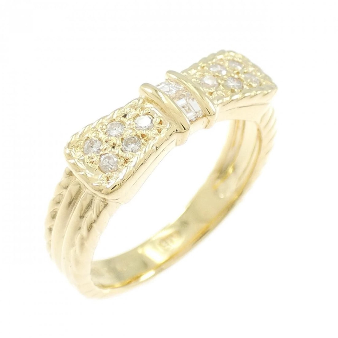 K18YG RIBBON DIAMOND RING: K18YG Ribbon Diamond Ring Brand: Unbranded Type/Style: Diamond Ring Material: 18K Yellow Gold, Main Stone/Creation Natural Color: Yellow Gold Size: US 6 1/4 Accessories: None Accessories Notice: When