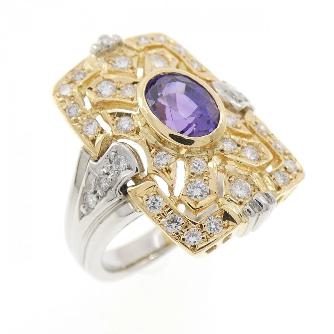 PT900/K18YG SAPPHIRE RING: PT900/K18YG Sapphire Ring Brand: Unbranded Type/Style: Sapphire Ring Material: Platinum90018K Yellow Gold, Main Stone/Creation Sapphire Secondary Stone Diamond Color: Platinum Size: US 5 3/4