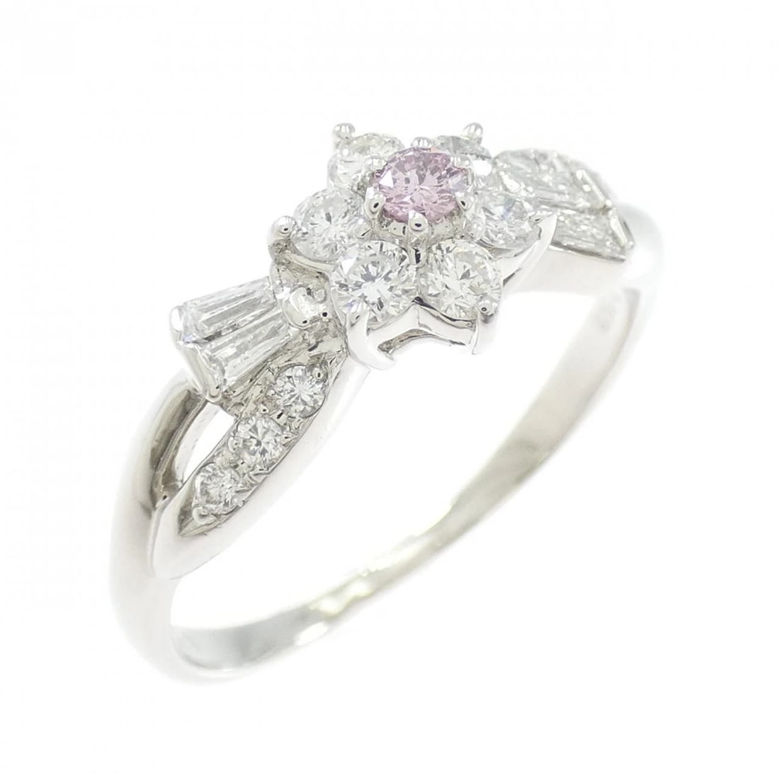 PT900 FLOWER PINK DIAMOND RING: PT900 Flower Pink Diamond Ring Brand: Unbranded Type/Style: Pink Diamond Ring Material: Platinum900, Main Stone/Creation Natural Color: Platinum Size: US 7 1/2 Accessories: None Accessories Notice: