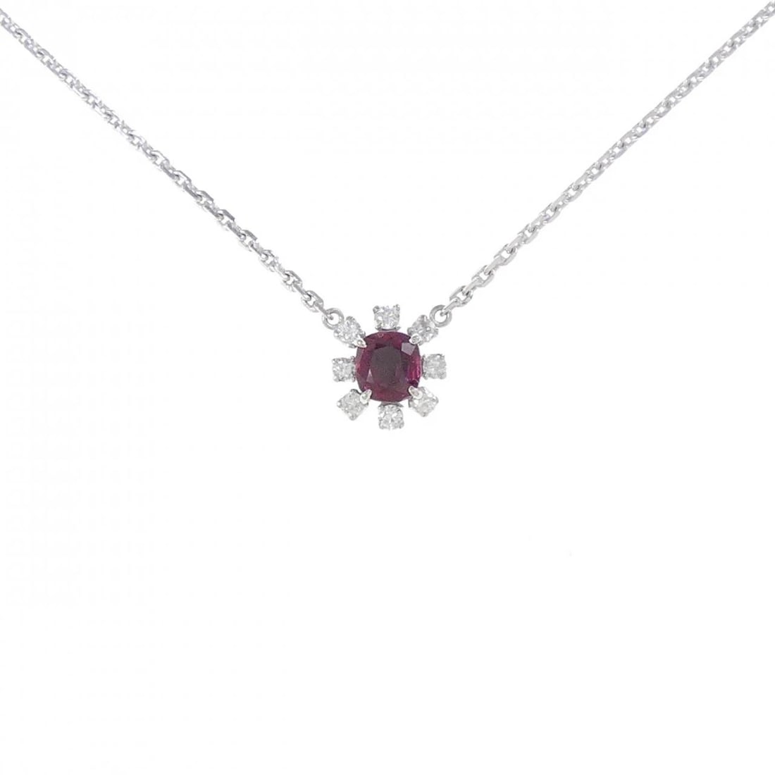 PM850 RUBY NECKLACE: PM850 Ruby Necklace Brand: Unbranded Type/Style: Ruby Necklace Material: PM850, Main Stone/Creation RubySecondary Stone Diamond Color: Platinum Size: Actual Size Pendant length approx. x width