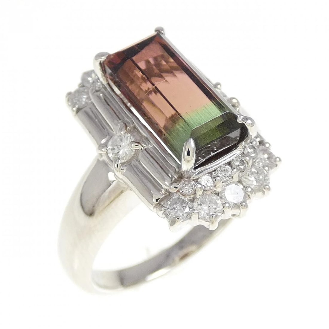 PT900 TOURMALINE RING: PT900 Tourmaline Ring Brand: Unbranded Type/Style: Tourmaline Ring Material: Platinum900, Main Stone/Creation Tourmaline Secondary Stone Diamond Color: Platinum Size: US 7 Accessories: None