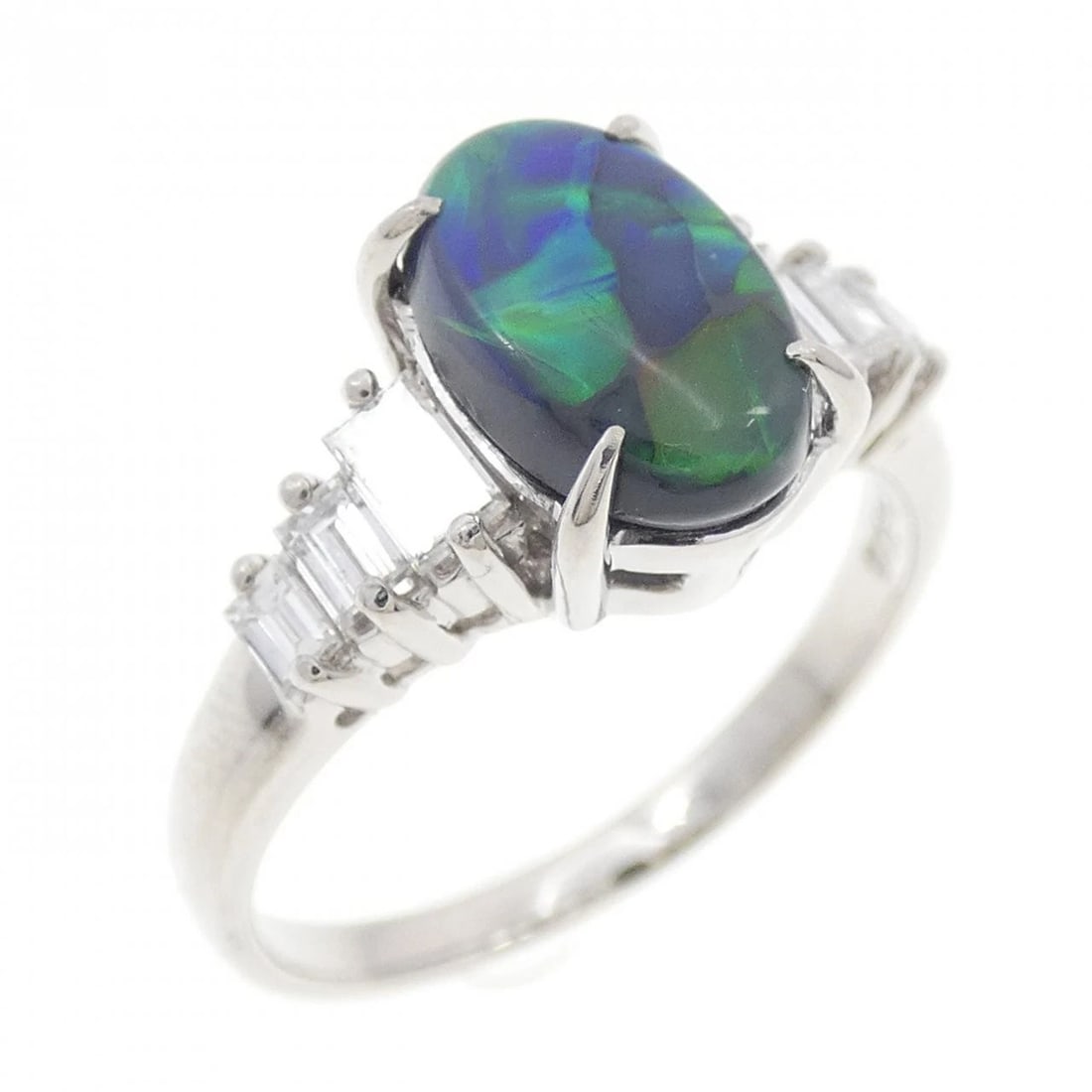 PT900 BLACK OPAL RING: PT900 Black Opal Ring Brand: Unbranded Type/Style: Black Opal Ring Material: Platinum900, Main Stone/Creation Black Opal Secondary Stone Diamond Color: Platinum Size: US 7 Accessories: None