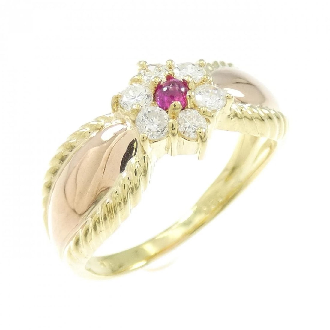 K18YG/K18PG FLOWER RUBY RING: K18YG/K18PG Flower Ruby Ring Brand: Unbranded Type/Style: Ruby Ring Material: 18K Yellow Gold18k Pink Gold, Main Stone/Creation RubySecondary Stone Diamond Color: Yellow GoldPink Gold Size: US 7