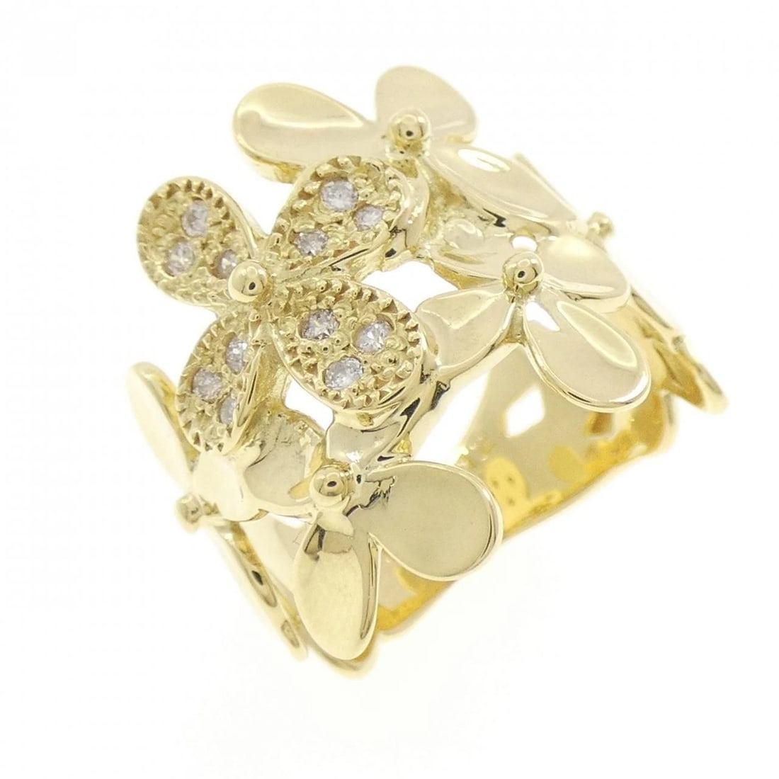 K18YG FLOWER DIAMOND RING: K18YG Flower Diamond Ring Brand: Unbranded Type/Style: Diamond Ring Material: 18K Yellow Gold, Main Stone/Creation Natural Color: Yellow Gold Size: US 5 1/2 Accessories: None Accessories Notice: When