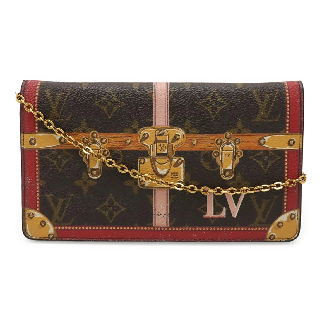 LOUIS VUITTON MONOGRAM POCHETTE WEEKEND CHAIN SHOULDER BAG: Louis Vuitton Monogram Pochette Weekend Chain Shoulder Bag Brand: LOUIS VUITTON Type/Style: 2-Way Shoulder Bag Material: PVC-coated Canvas Color: Brown / Pink / Multi-color Size: W22cm x H12.5cm A