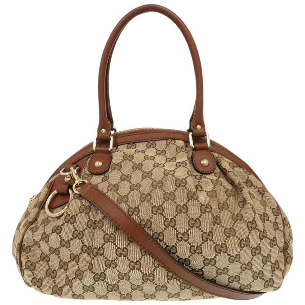 GUCCI WOMEN'S GG CANVAS LEATHER 2WAY SHOULDER BAG: Gucci Women's GG Canvas Leather 2Way Shoulder Bag Brand: Gucci Type/Style: 2-Way Bag Material: GG Canvas, Leather Color: Beige Size: W approx 34cm x H approx 28cm x D approx 18cm Accessories: None
