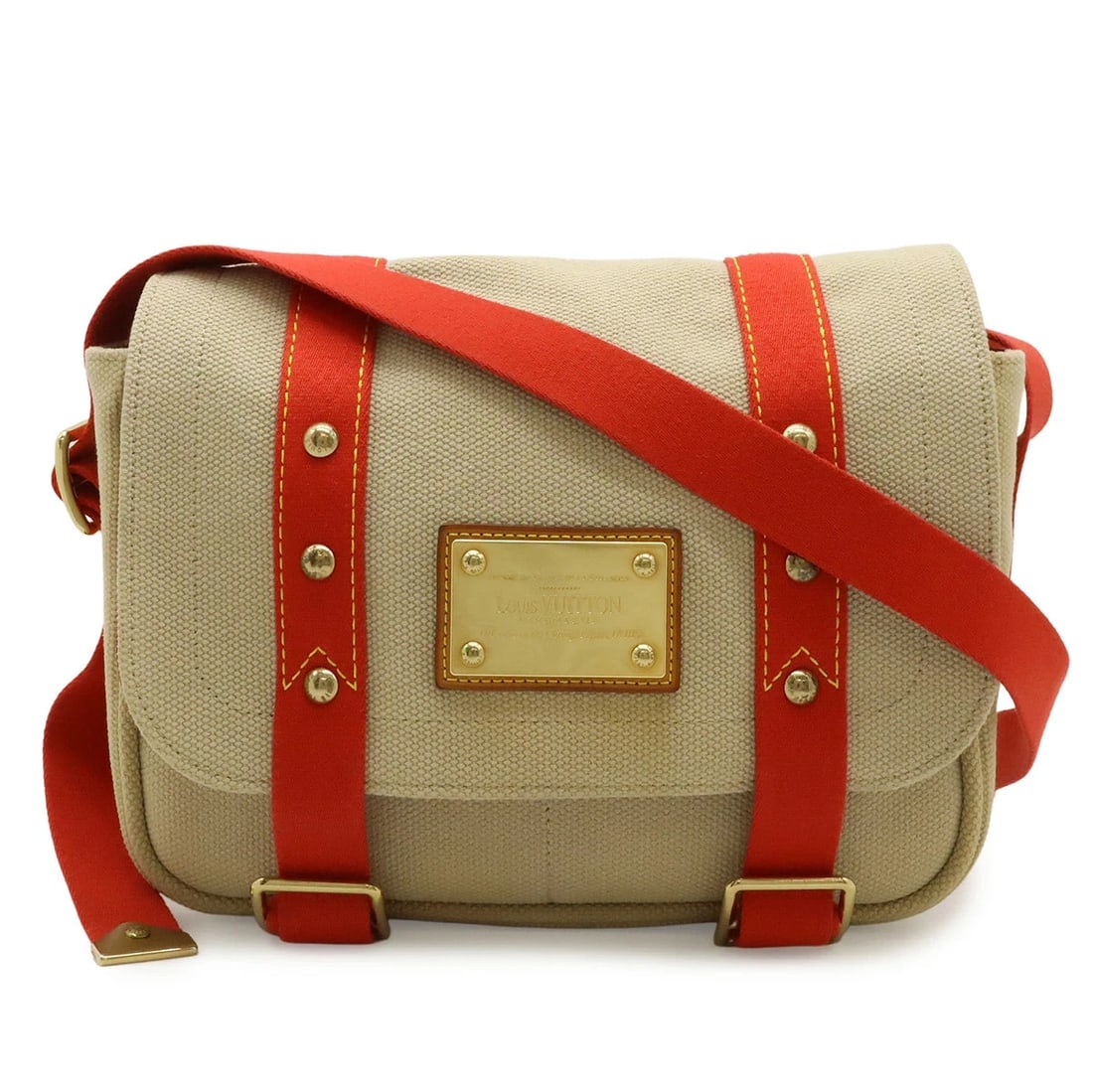 LOUIS VUITTON ANTIGUA BUSAS PM SHOULDER BAG CANVAS BEIGE RED: Louis Vuitton Antigua Busas PM Shoulder Bag Canvas Beige Red Brand: LOUIS VUITTON Type/Style: Shoulder Bag Material: Canvas Color: Beige / Red Size: W29cm x H24.5cm x D10cm Accessories: None <