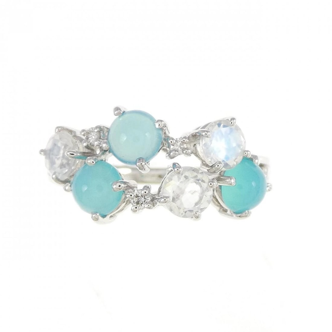 TASAKI COLORED STONE RING: Tasaki colored stone ring Brand: TASAKI Type/Style: Ring Material: K18 white gold, Main Stone/Creation ChalcedonySecondary Stone Diamond Color: White Gold Size: US 6 3/4 Accessories: None Accessories