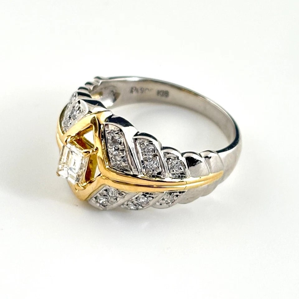 MELEE DIAMOND DESIGN RING YG PLATINUM: melee diamond design ring YG Platinum Brand: Unbranded Type/Style: Ring Material: Pt900, Main Stone/Creation Natural Color: None Size: US 6 to 6.5 Accessories: None Accessories Notice: When