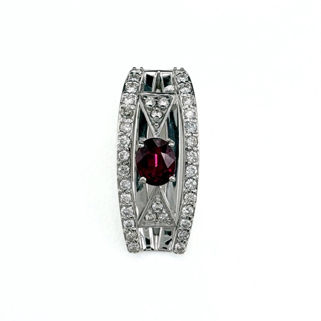 RUBY WHITEGOLD MELEE DIAMOND PENDANT HEAD: Ruby WhiteGold melee diamond Pendant Head Brand: Unbranded Type/Style: Pendant Head Material: 18KWhite Gold, Main Stone/Creation Ruby Diamond Color: White Gold Size: Pendant size 21.5?8.9mm(0.8")