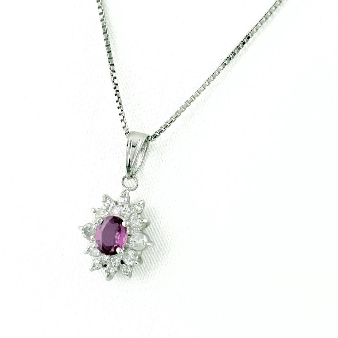 PINK SAPPHIRE DESIGN NECKLACE PLATINUM PENDANT MELEE DIAMOND: Pink Sapphire Design Necklace Platinum Pendant melee diamond Brand: Unbranded Type/Style: Necklace Material: Pt900, Main Stone/Creation PinkSapphire Diamond Color: None Size: Pendant head Removable