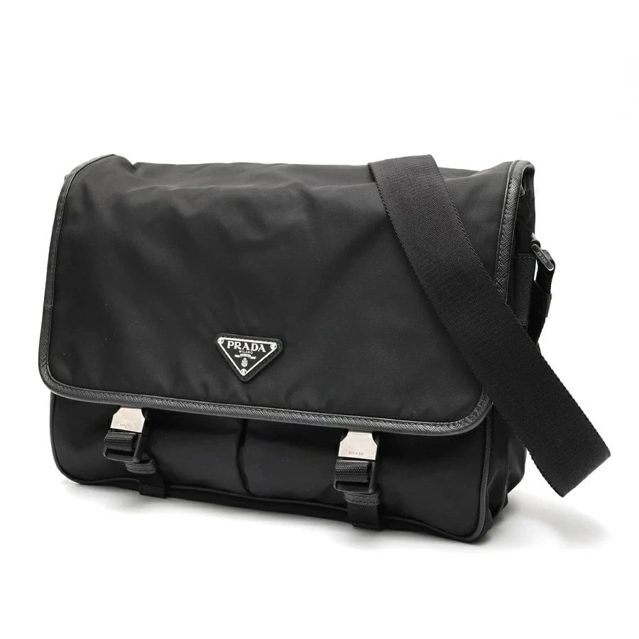 PRADA NYLON X SAFFIANO SHOULDER BAG: Prada Nylon x Saffiano Shoulder Bag Brand: Prada Type/Style: Bag Material: Nylon Color: Black Size: W32?H24?D12cm Accessories: None Accessories Notice: When purchasing pre-owned goods, please refer