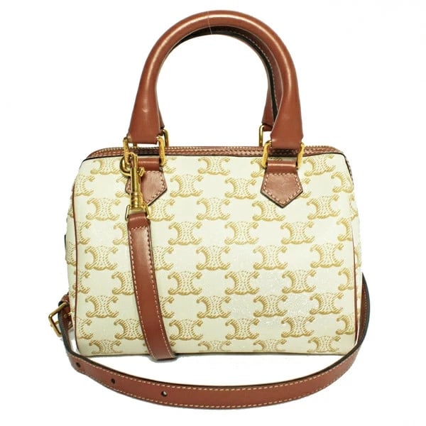 CELINE SMALL TRIOMPHE BOSTON TRIOMPHE CANVAS CALFSKIN: Celine Small Triomphe Boston Triomphe Canvas Calfskin Brand: Celine Type/Style: Handbag Material: Triomphe Canvas X Calfskin Color: White Size: W: 19.5cm ? H: 14.5cm ? D: 10cm Accessories: None