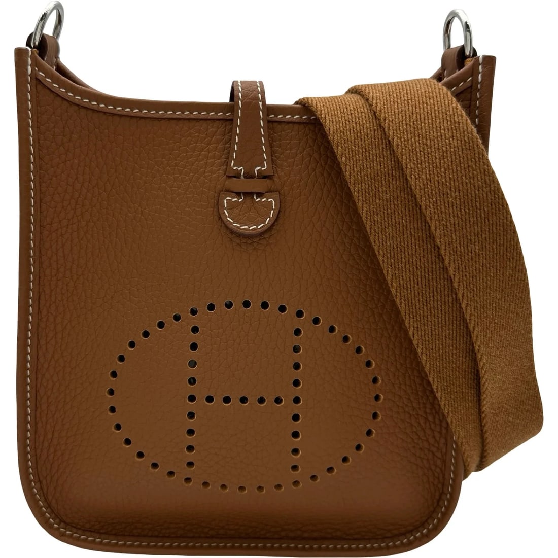 HERMES EVELYNE TPM K SHW CLEMENCE LEATHER SHOULDER BAG: Hermes Evelyne TPM K SHW Clemence Leather Shoulder Bag Brand: HERMES Type/Style: Handbag Material: Taurillon Color: Gold / Silver Hardware Size: W: 18cm / H: 17cm / D: 5.5cm Accessories: None