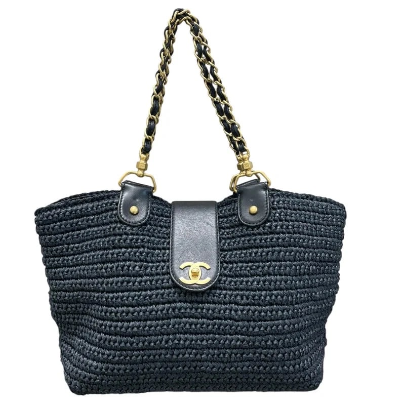 CHANEL 10 CHAIN SHOULDER NAVY GHW RAFFIA SHOULDER BAG: CHANEL 10 Chain Shoulder Navy GHW Raffia Shoulder Bag Brand: CHANEL Type/Style: Handbag Material: Raffia Leather Color: Navy / GD Hardware Size: W: 30cm / H: 23cm / D: 12cm Accessories: None <