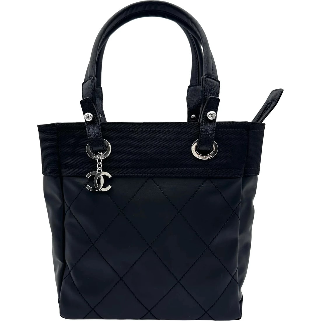 CHANEL TOTE PM BLACK SHW COATED CANVAS: CHANEL Tote PM Black SHW Coated Canvas Brand: CHANEL Type/Style: Handbag Material: Coated Canvas Color: Black / SV Hardware Size: W: 26cm / H: 27cm / D: 11cm Accessories: None Accessories