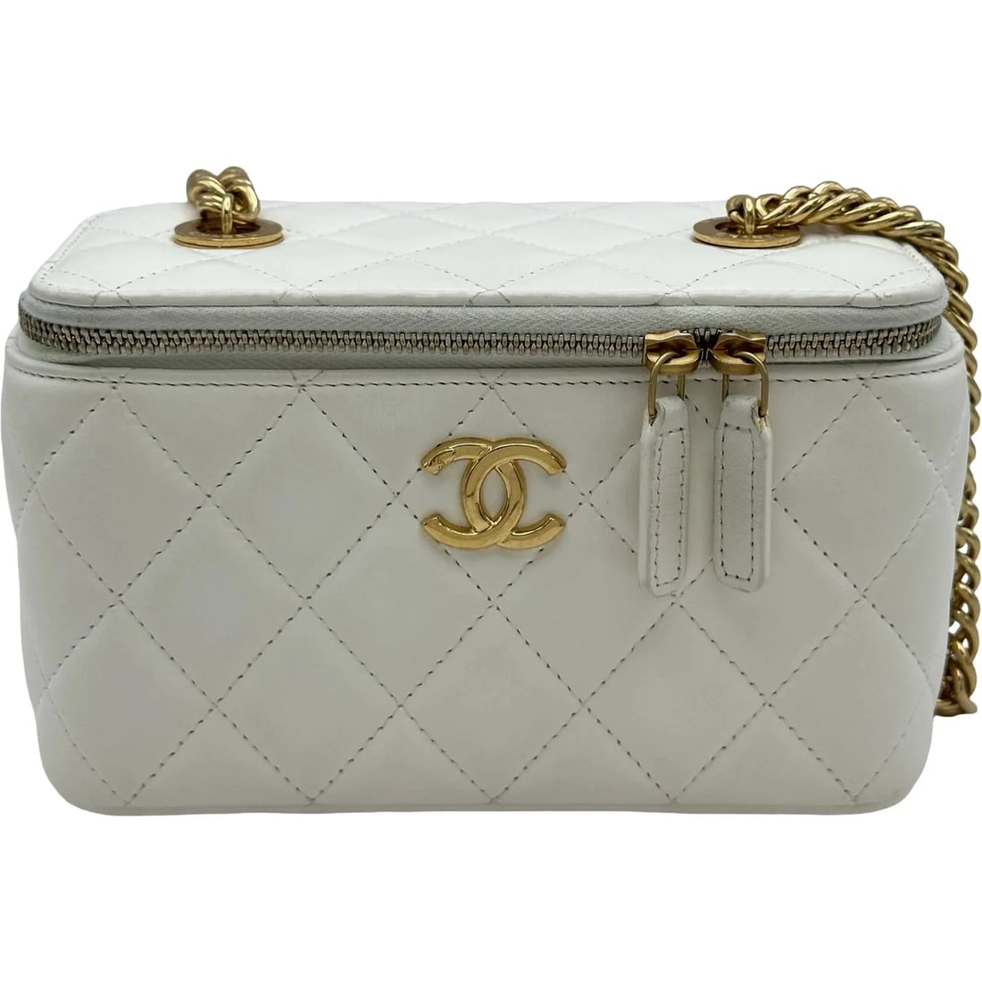 CHANEL VANITY BAG WHITE GHW LAMBSKIN SHOULDER BAG: CHANEL Vanity Bag White GHW Lambskin Shoulder Bag Brand: CHANEL Type/Style: Handbag Material: Lambskin Color: White / GD Hardware Size: W: 16cm / H: 10cm / D: 8cm Accessories: None Accesso