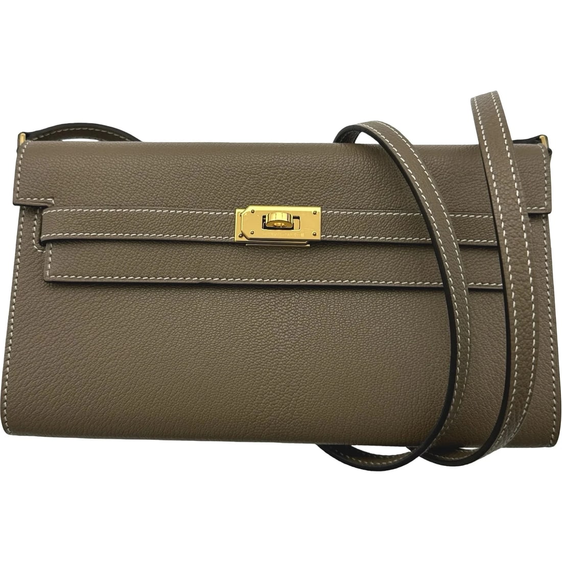 HERMES KELLY ETOUPE GHW CHEVRE SHOULDER BAG: HERMES Kelly Etoupe GHW Chevre Shoulder Bag Brand: HERMES Type/Style: Handbag Material: Chevre Color: Etoupe / GD Hardware Size: W: 20cm / H: 11cm / D: 1.5cm Accessories: None Accessories Notice: