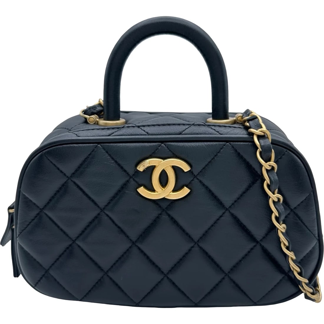 CHANEL MINI BOWLING BAG BLACK GHW CALFSKIN SHOULDER BAG: CHANEL Mini Bowling Bag Black GHW Calfskin Shoulder Bag Brand: CHANEL Type/Style: Handbag Material: Calfskin Color: Black / GD Hardware Size: W: 20cm / H: 12cm / D: 9cm Accessories: None A