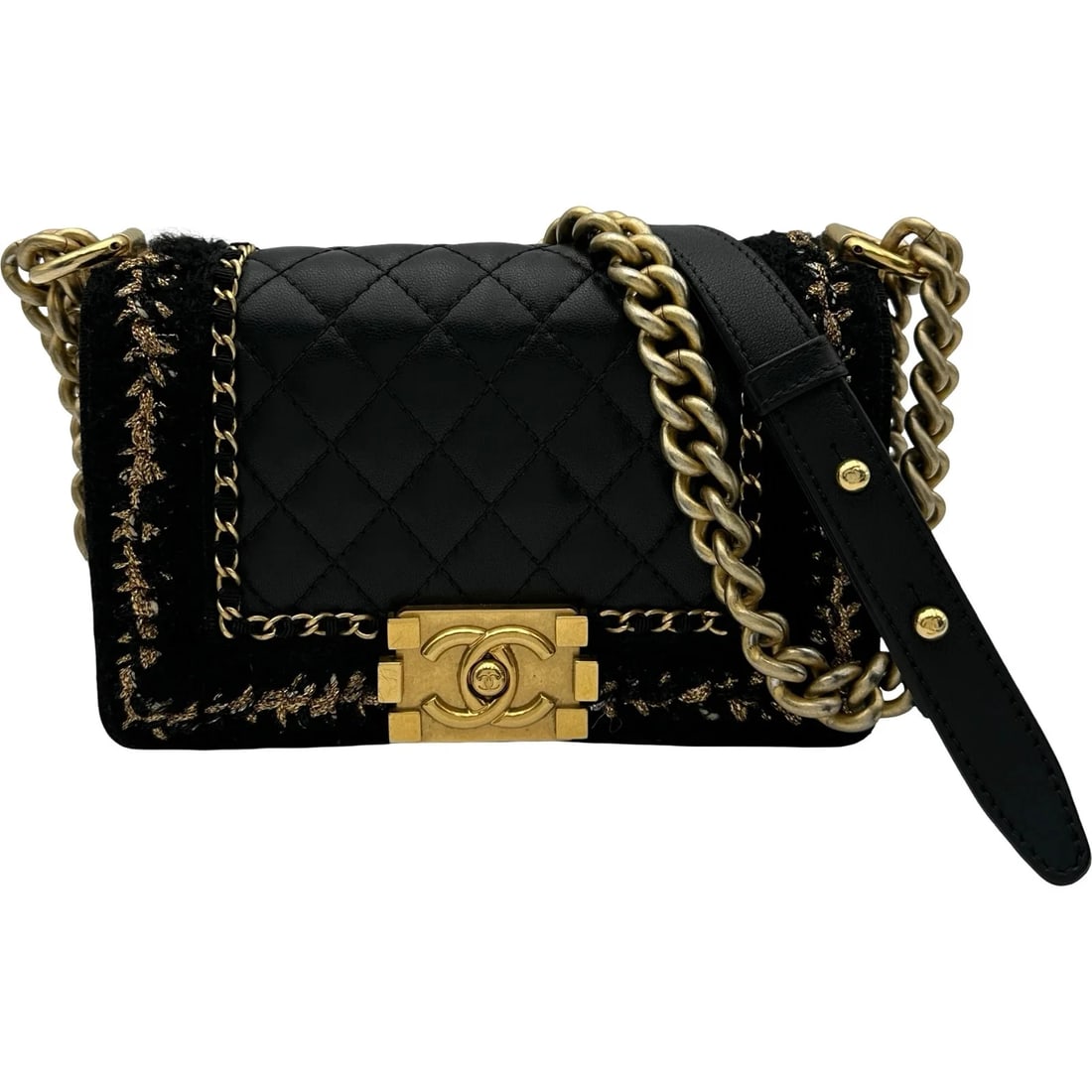 CHANEL BLACK GHW LAMBSKIN/TWEED SHOULDER BAG: CHANEL Black GHW Lambskin/Tweed Shoulder Bag Brand: CHANEL Type/Style: Handbag Material: Lamb/Tweed Color: Black / GD Hardware Size: W: 20cm / H: 13.5cm / D: 5.5cm Accessories: None Access