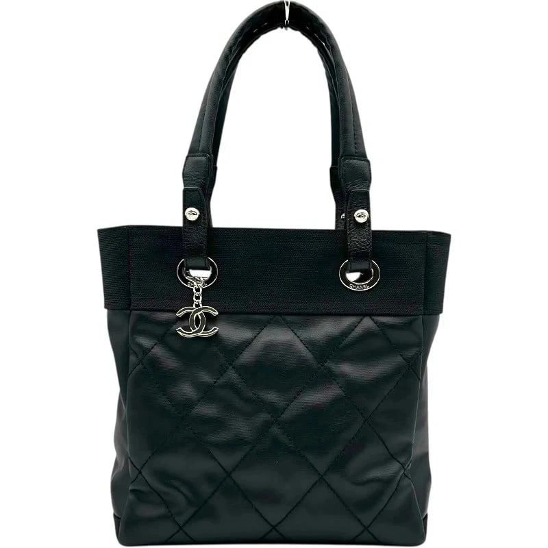 CHANEL BIARRITZ TOTE PM 17 SERIES BLACK SHW COATED CANVAS: CHANEL Biarritz Tote PM 17 Series Black SHW Coated Canvas Brand: CHANEL Type/Style: Handbag Material: Coated Canvas Color: Black / SV Hardware Size: W: 26cm / H: 27cm / D: 10.5cm Accessories: None