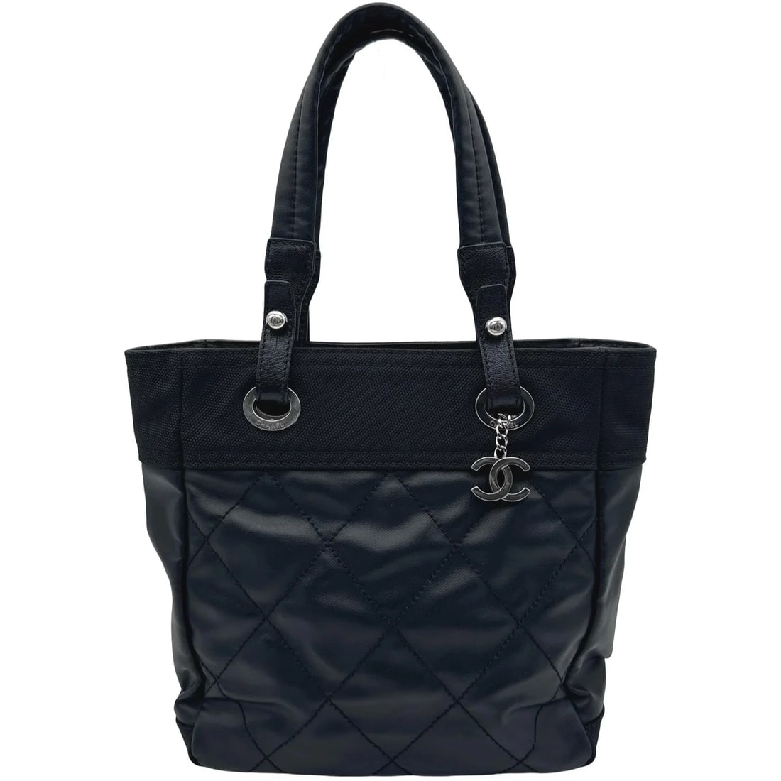 CHANEL TOTE PM 11 SERIES BLACK COATED CANVAS: CHANEL Tote PM 11 Series Black Coated Canvas Brand: CHANEL Type/Style: Handbag Material: Coated Canvas Color: Black / SV Hardware Size: W: 30cm / H: 27cm / D: 10.5cm Accessories: None Accessories