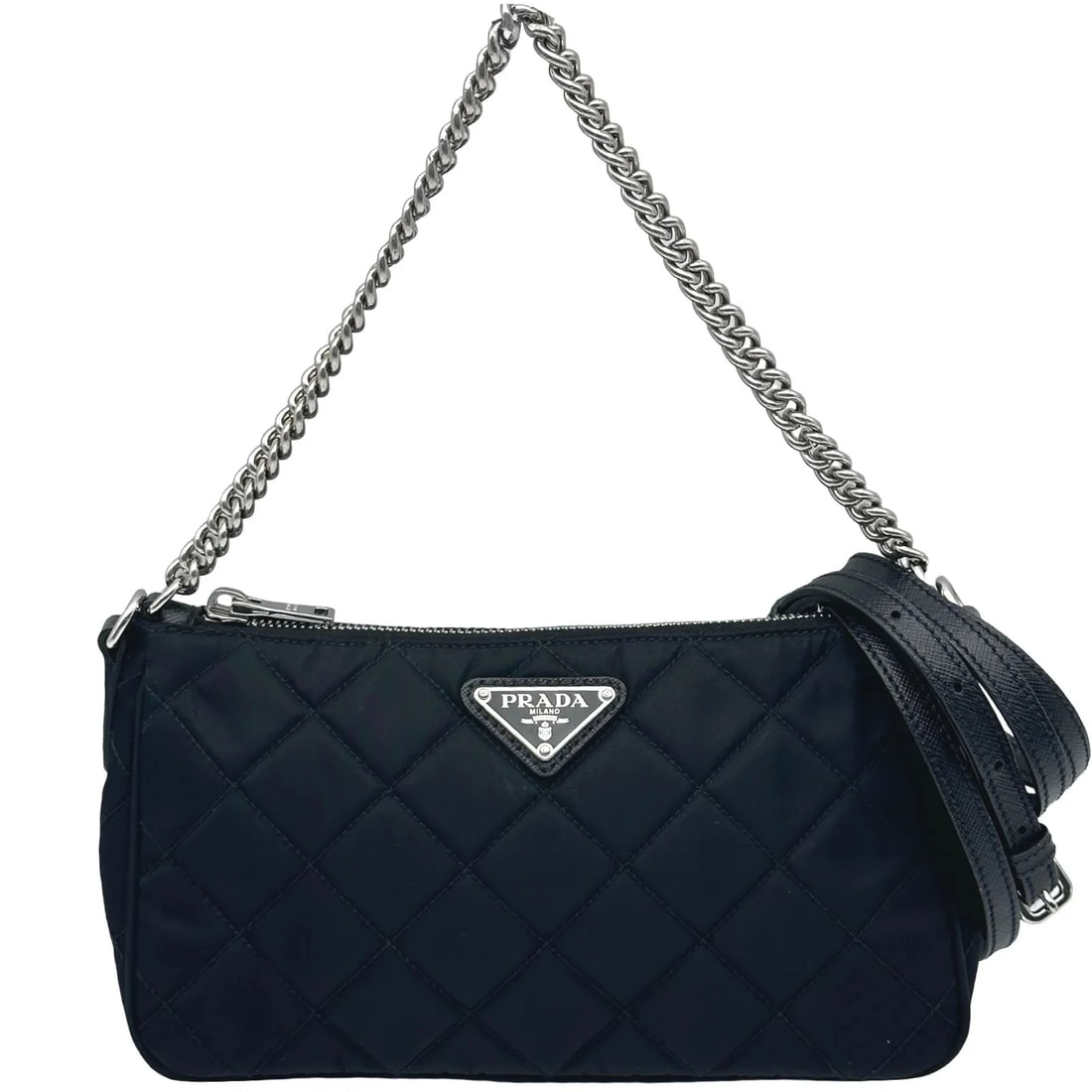PRADA TRIANGLE LOGO QUILTED SHOULDER BAG BLACK NYLON: PRADA Triangle Logo Quilted Shoulder Bag Black Nylon Brand: PRADA Type/Style: Handbag Material: Nylon Color: black Size: W: 23cm / H: 12.5cm / D: 6.5cm Accessories: None Accessories Notice: When