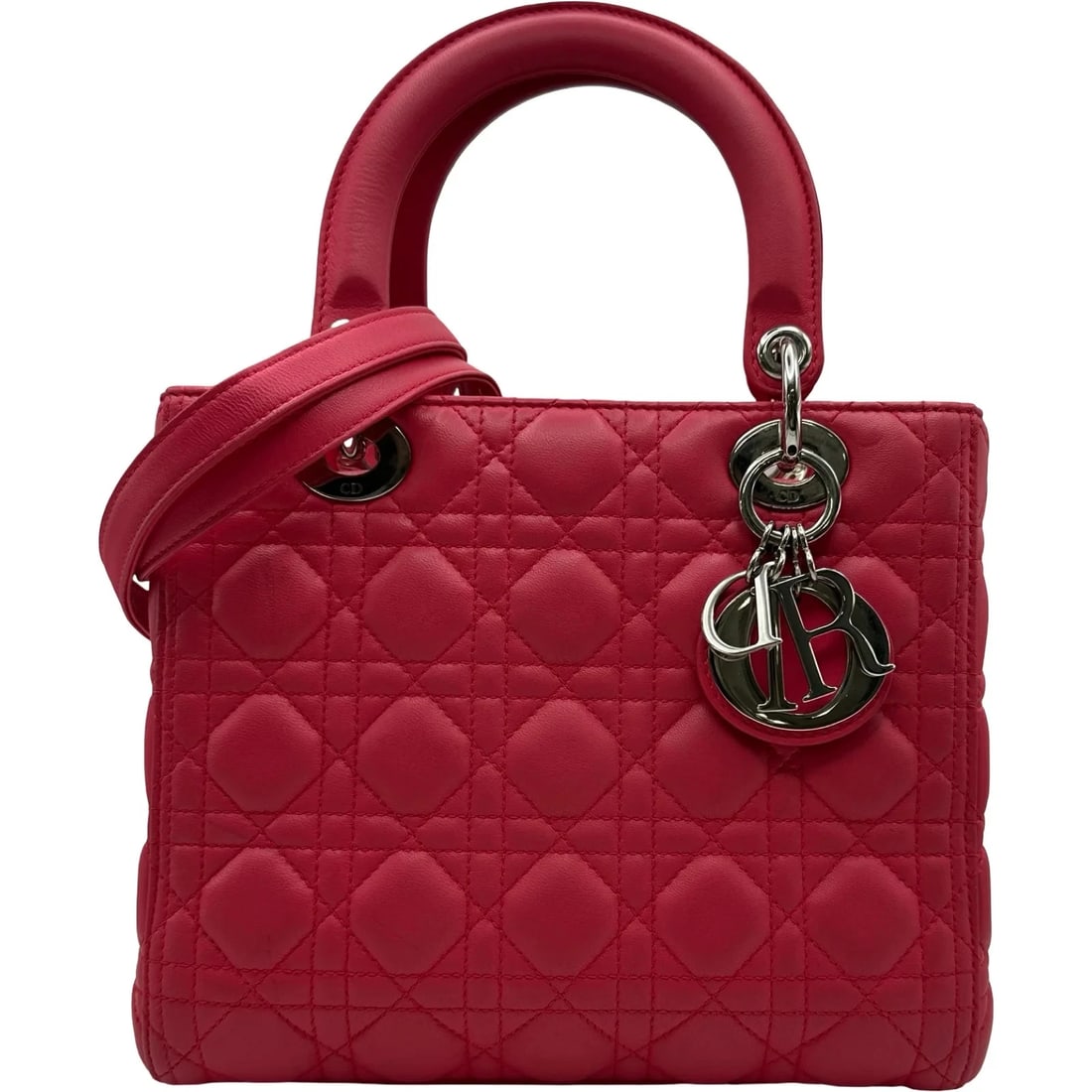CHRISTIAN DIOR LADY DIOR MEDIUM PINK LAMBSKIN HANDBAG: Christian Dior Lady Dior Medium Pink Lambskin Handbag Brand: Christian Dior Type/Style: Handbag Material: Lamb Color: Pink / SV Hardware Size: W: 23.5cm / H: 20cm / D: 9.5cm Accessories: None