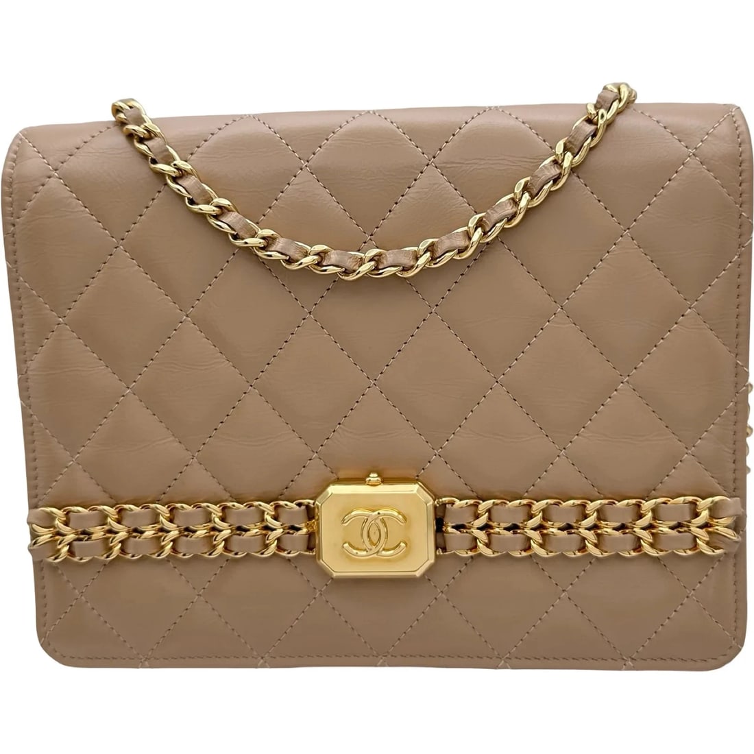 CHANEL SHOULDER BAG BEIGE GHW CALFSKIN: CHANEL Shoulder Bag Beige GHW Calfskin Brand: CHANEL Type/Style: Handbag Material: Calfskin Color: Beige / GD Hardware Size: W: 18.5cm / H: 14cm / D: 4cm Accessories: None Accessories Noti