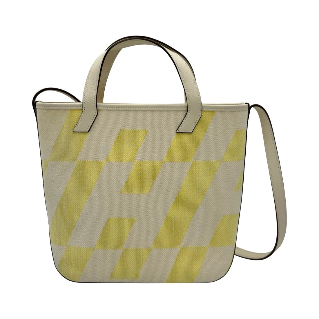 HERMES H AMBIANCE PM U STAMP NATA/YELLOW TOILE: Hermes H Ambiance PM U Stamp Nata/Yellow Toile Brand: HERMES Type/Style: Handbag Material: Toile Soash Color: Nata/Yellow Size: W: 27cm / H: 24cm / D: 8.5cm Accessories: None Accessories Notice: When