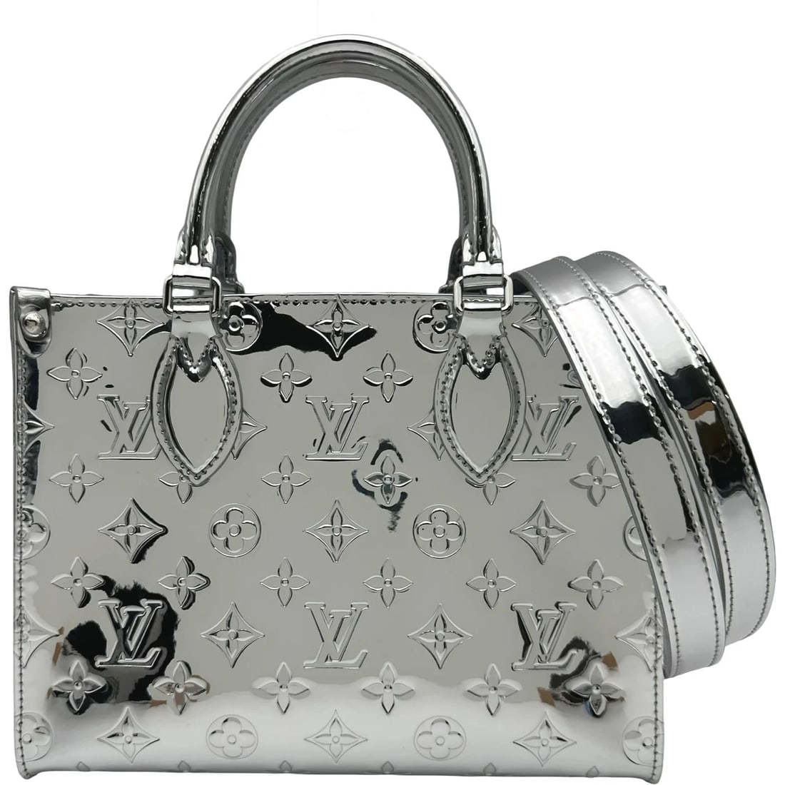 LOUIS VUITTON ONTHEGO PM SILVER MIROIR TOTE: Louis Vuitton Onthego PM Silver Miroir Tote Brand: LOUIS VUITTON Type/Style: Handbag Material: Miroir Color: Silver Size: W: 25cm / H: 19cm / D: 10.5cm Accessories: None Accessories Notice: When