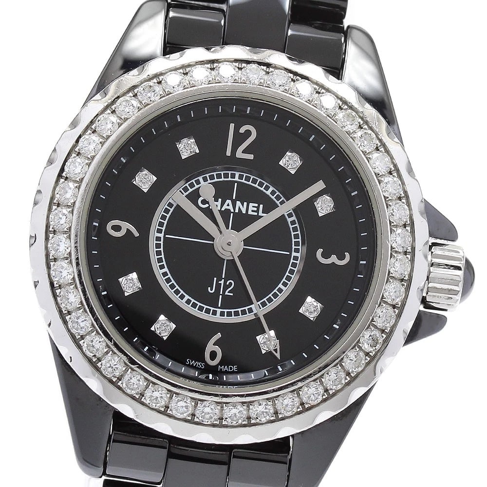 CHANEL J12 DIAMOND BEZEL BLACK WATCH: CHANEL J12 Diamond bezel black Watch Brand: CHANEL Type/Style: Wristwatch Material: Band Material ceramic, Case Material Ceramic / Stainless Steel / ceramic Color: Band Color black, Dial Color black, 