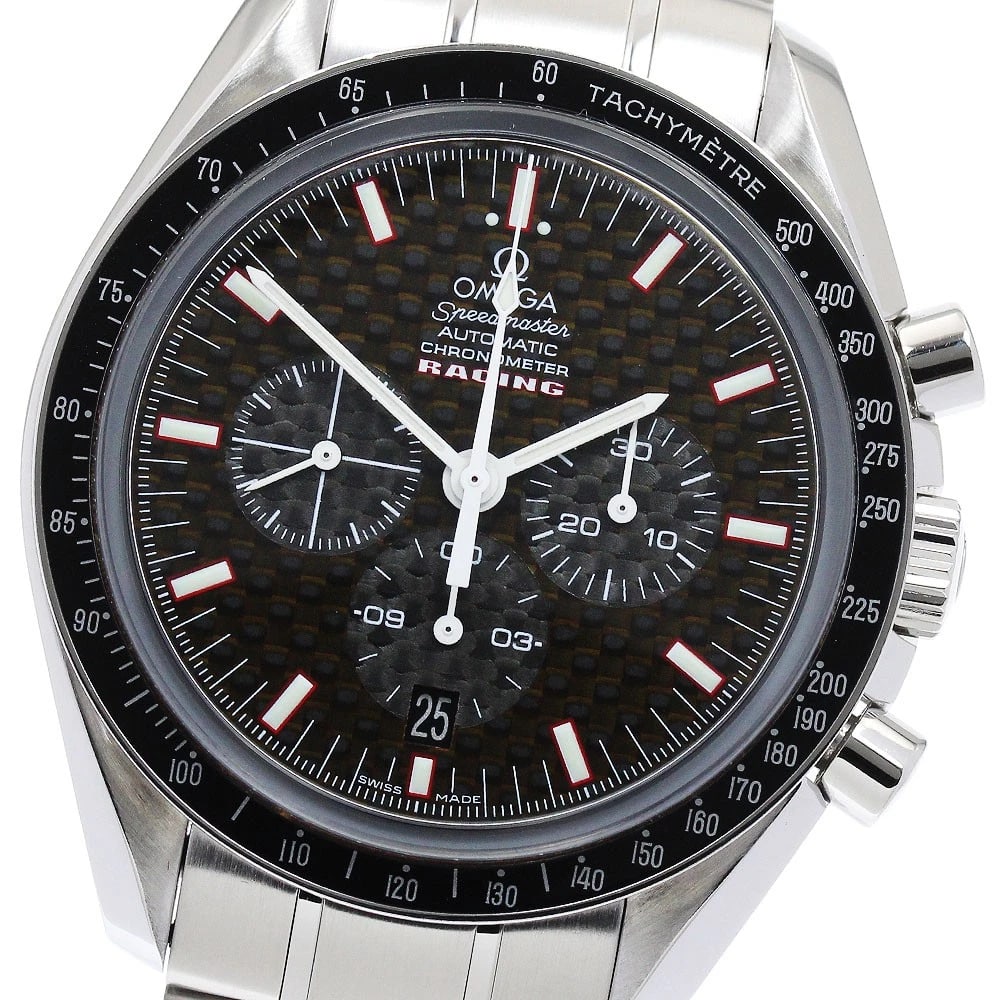 OMEGA SPEEDMASTER RACING BLACK CARBON AUTOMATIC WATCH: OMEGA Speedmaster Racing Black carbon Automatic Watch Brand: OMEGA Type/Style: Wristwatch Material: Band Material Stainless Steel, Case Material Stainless Steel / Stainless Steel Color: Band Color