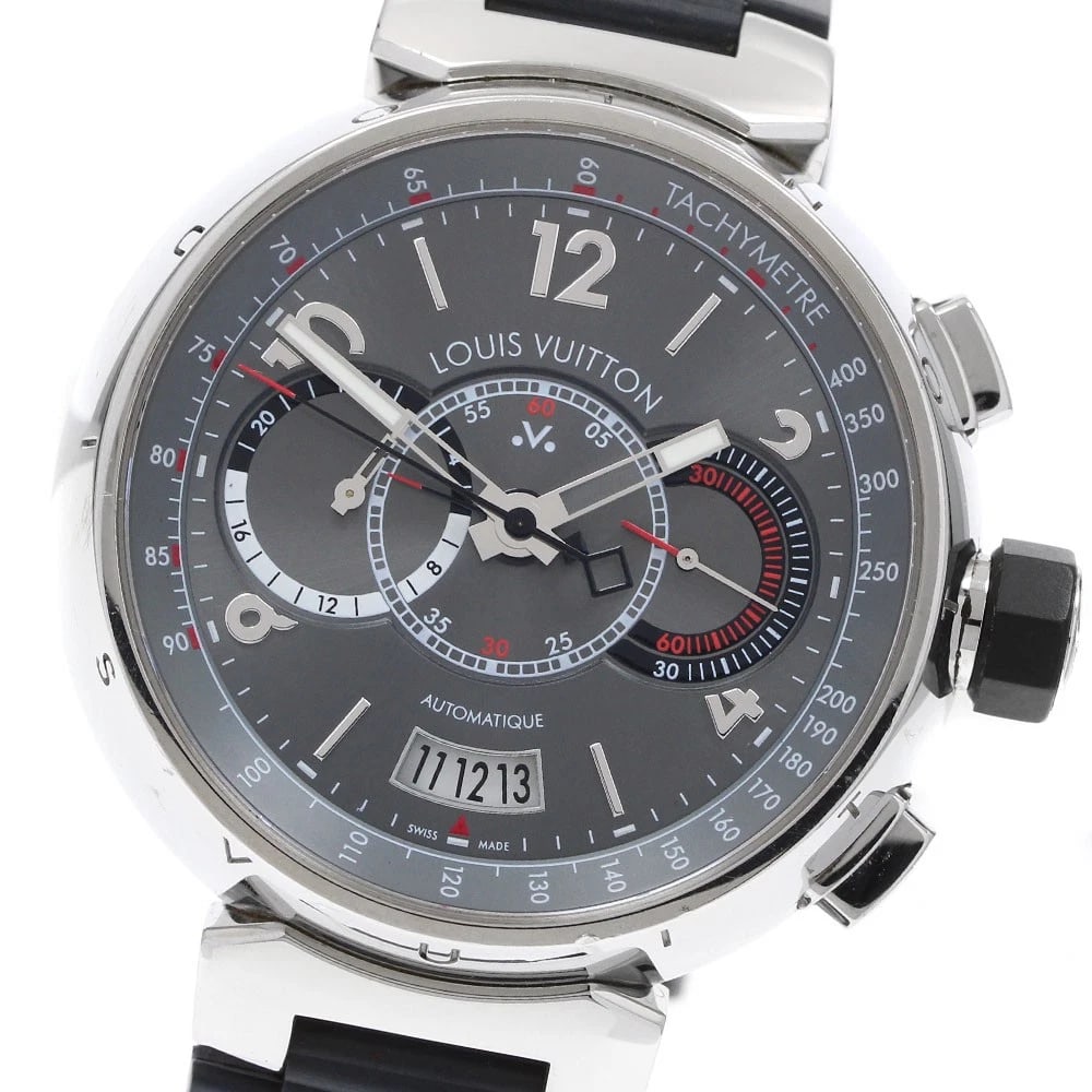 LOUIS VUITTON TAMBOUR CHRONOGRAPH VOYAGE AUTOMATIC WATCH: LOUIS VUITTON Tambour Chronograph Voyage Automatic Watch Brand: LOUIS VUITTON Type/Style: Wristwatch Material: Band Material rubber, Case Material Stainless Steel / rubber Color: Band Color gray,