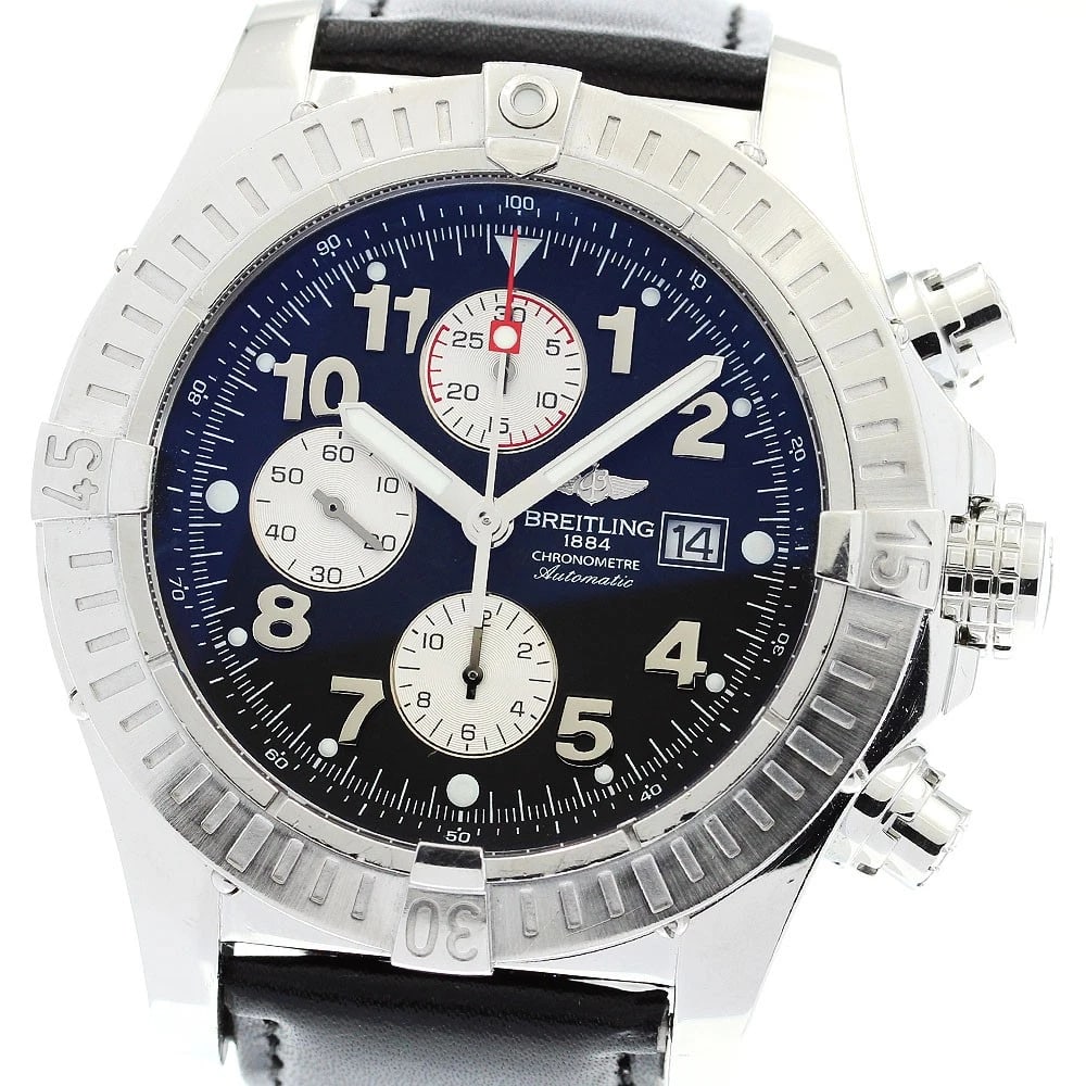 BREITLING SUPER AVENGER DATE CHRONOGRAPH AUTOMATIC WATCH: BREITLING Super avenger Date Chronograph Automatic Watch Brand: BREITLING Type/Style: Wristwatch Material: Band Material leather, Case Material Stainless Steel / leather Color: Band Color black, Dial