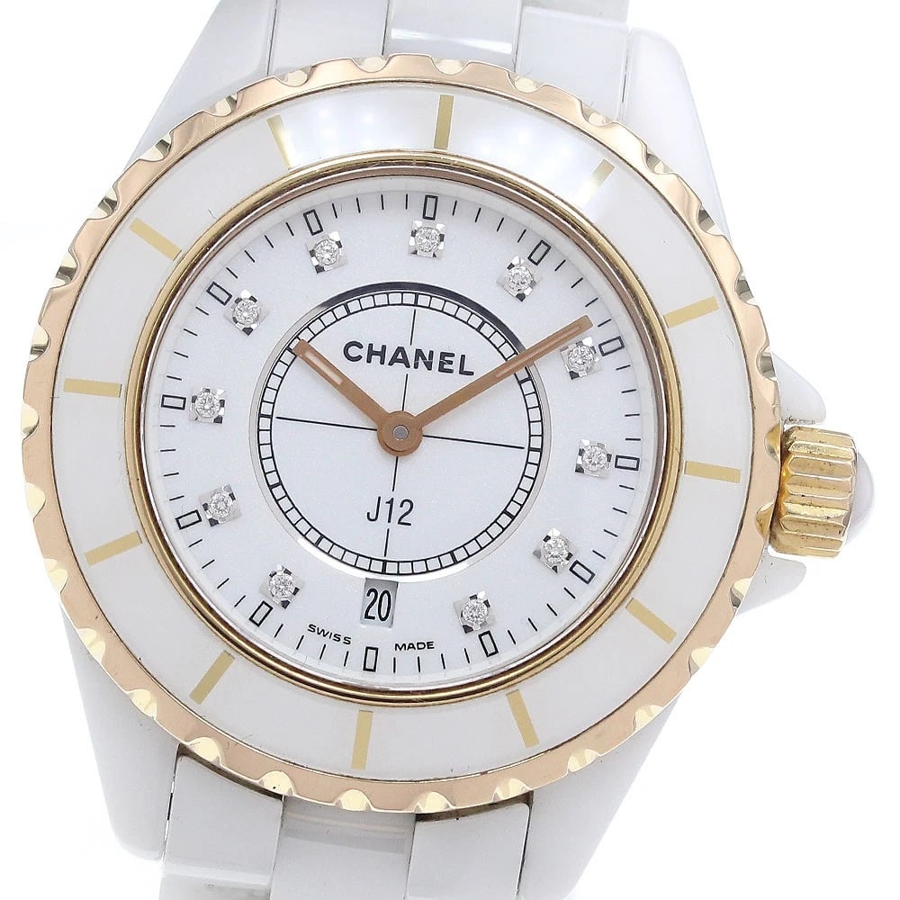 CHANEL J12 DIAMOND PG BEZEL WHITE WATCH: CHANEL J12 diamond PG bezel white Watch Brand: CHANEL Type/Style: Wristwatch Material: Band Material Ceramic / Stainless Steel, Case Material Ceramic/PG/Stainless Steel / Ceramic / Stainless Steel Col